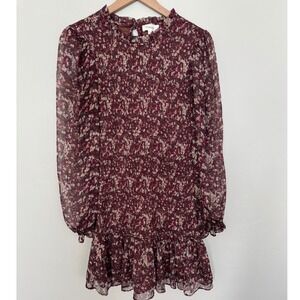 Bohme Burgundy Floral Smocked Mock Neck Ruffle Hem Mini Dress Long Sleeve Size M